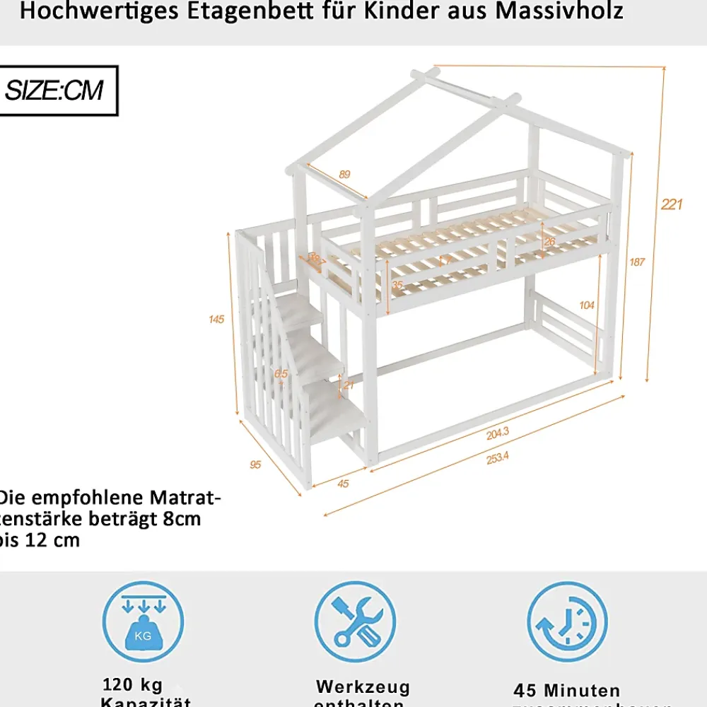 Redom Lit superposé 90x200 cm avec échelle de sécurité et grand rangement, structure en bois massif blanc*Enfant Lit Enfant