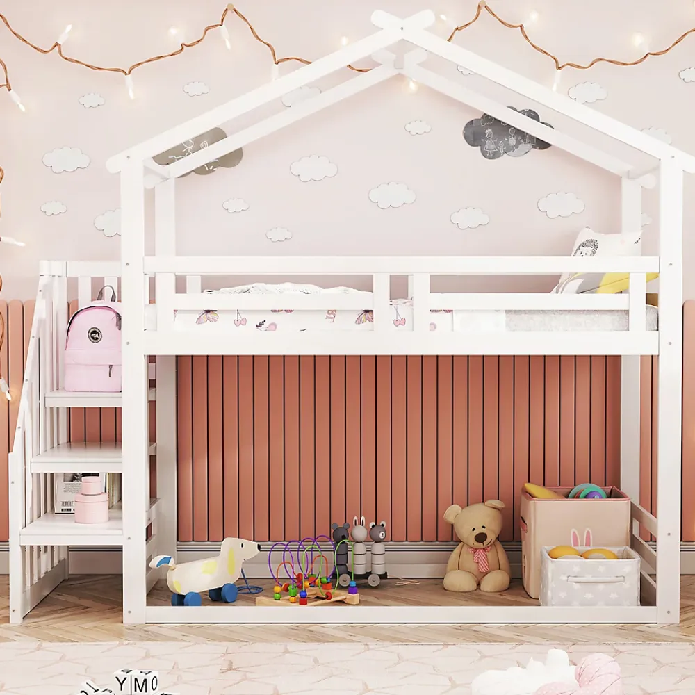 Redom Lit superposé 90x200 cm avec échelle de sécurité et grand rangement, structure en bois massif blanc*Enfant Lit Enfant