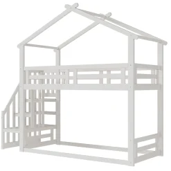 Redom Lit superposé 90x200 cm avec échelle de sécurité et grand rangement, structure en bois massif blanc*Enfant Lit Enfant