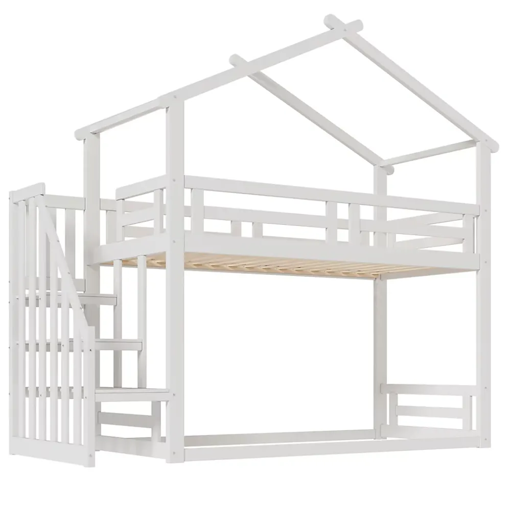 Redom Lit superposé 90x200 cm avec échelle de sécurité et grand rangement, structure en bois massif blanc*Enfant Lit Enfant