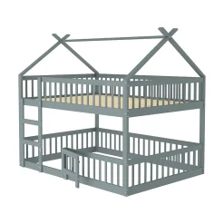 Lit superposé 140x200 cm avec échelle intégrée et structure en bois massif, design loft gris><noscript><img width=