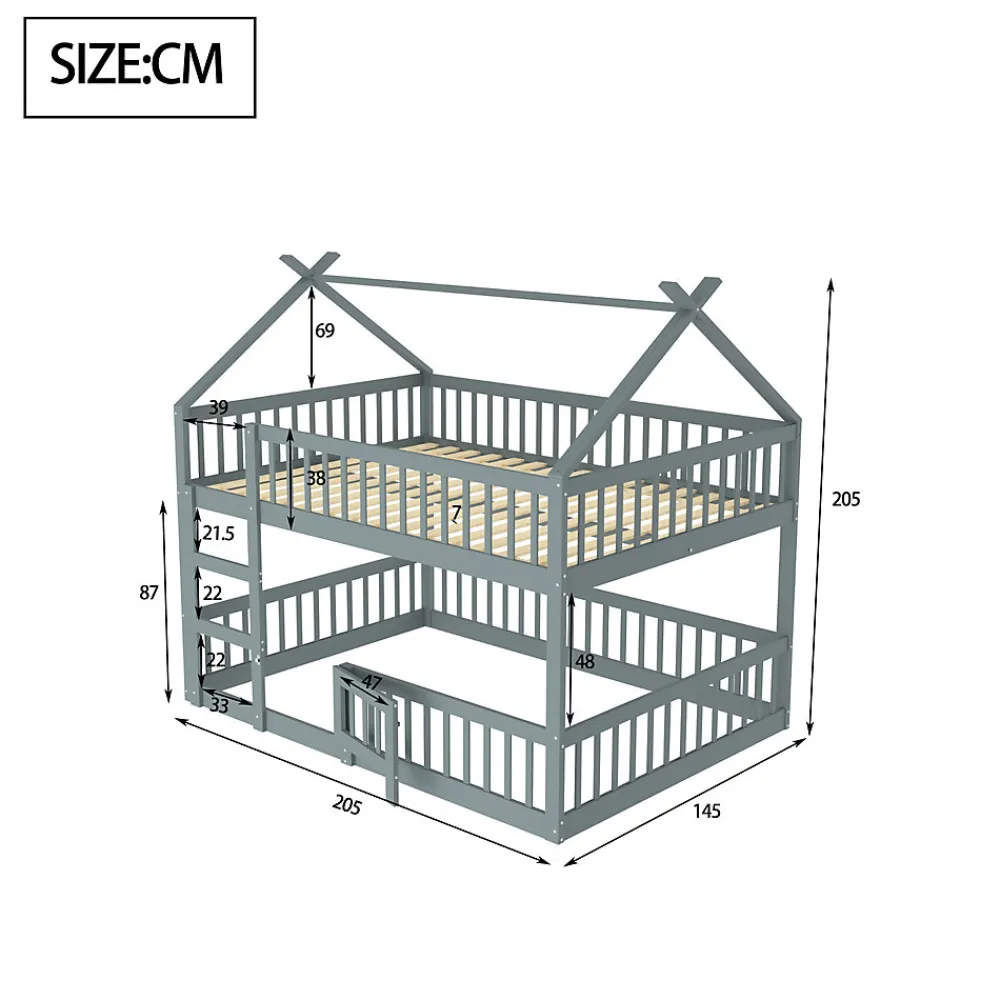 Lit superposé 140x200 cm avec échelle intégrée et structure en bois massif, design loft gris>Redom Clearance