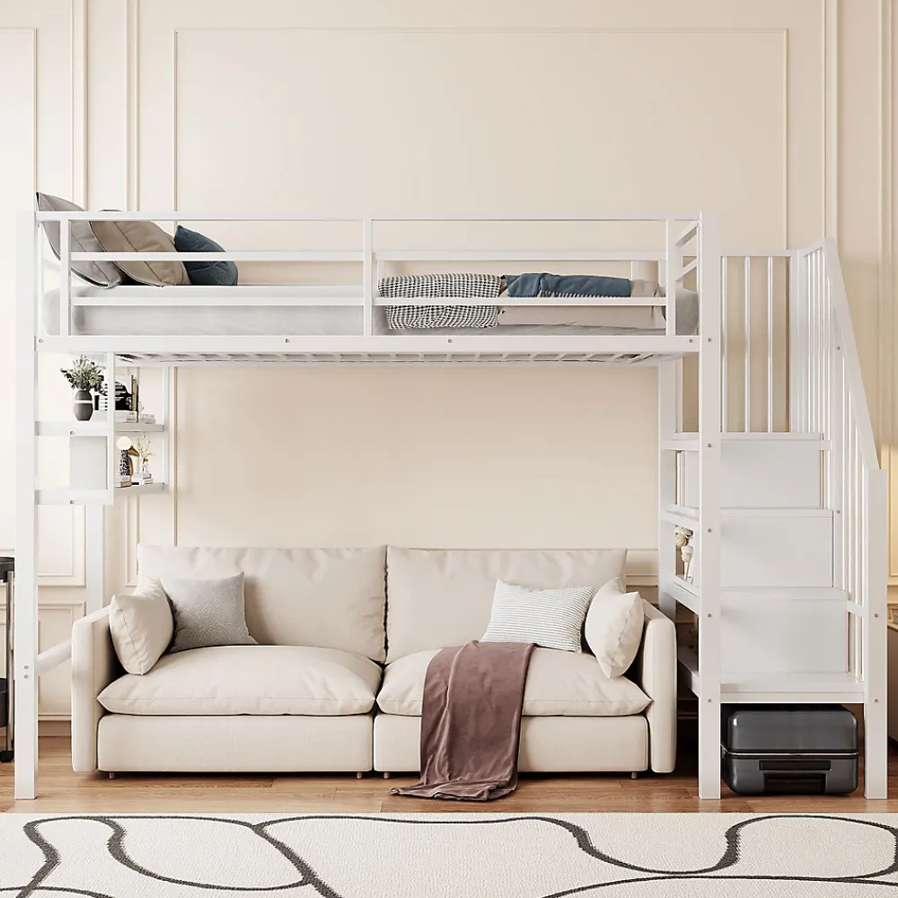 Lit superposé 90x200 cm avec échelle intégrée et rangements, structure métal blanc design contemporain gain de place>Redom New