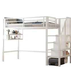 Lit superposé 90x200 cm avec échelle intégrée et rangements, structure métal blanc design contemporain gain de place><noscript><img width=