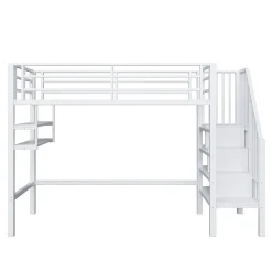 Lit superposé 90x200 cm avec échelle intégrée et rangements, structure métal blanc design contemporain gain de place><noscript><img width=