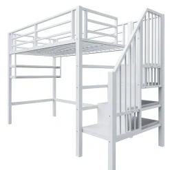 Lit superposé 90x200 cm avec échelle intégrée et rangements, structure métal blanc design contemporain gain de place><noscript><img width=