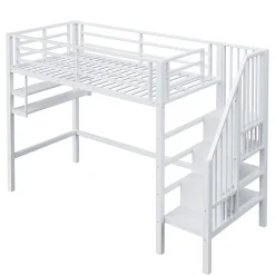 Lit superposé 90x200 cm avec échelle intégrée et rangements, structure métal blanc design contemporain gain de place><noscript><img width=