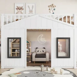 Lit superposé 90x200 cm avec escalier intégré, cabane décorative et structure en pin/MDF, gain de place>Redom Online