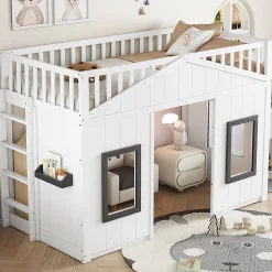 Lit superposé 90x200 cm avec escalier intégré, cabane décorative et structure en pin/MDF, gain de place>Redom Online