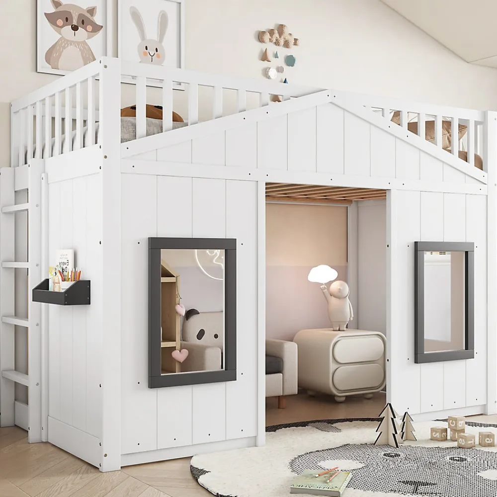 Lit superposé 90x200 cm avec escalier intégré, cabane décorative et structure en pin/MDF, gain de place>Redom Online