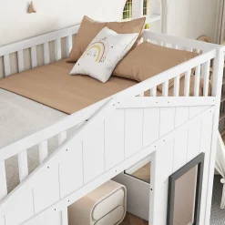 Lit superposé 90x200 cm avec escalier intégré, cabane décorative et structure en pin/MDF, gain de place><noscript><img width=