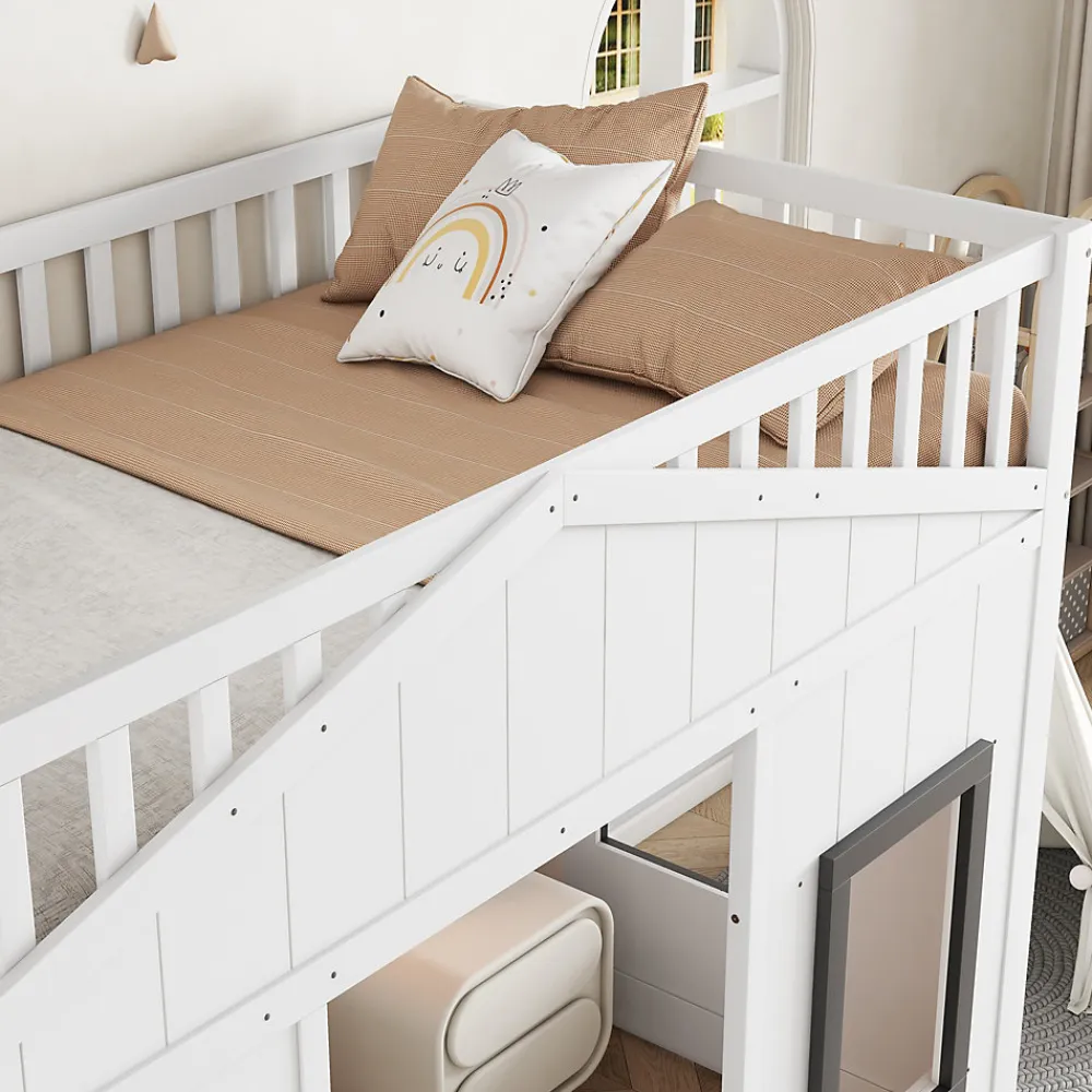 Lit superposé 90x200 cm avec escalier intégré, cabane décorative et structure en pin/MDF, gain de place>Redom Online