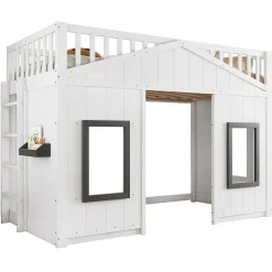 Lit superposé 90x200 cm avec escalier intégré, cabane décorative et structure en pin/MDF, gain de place><noscript><img width=