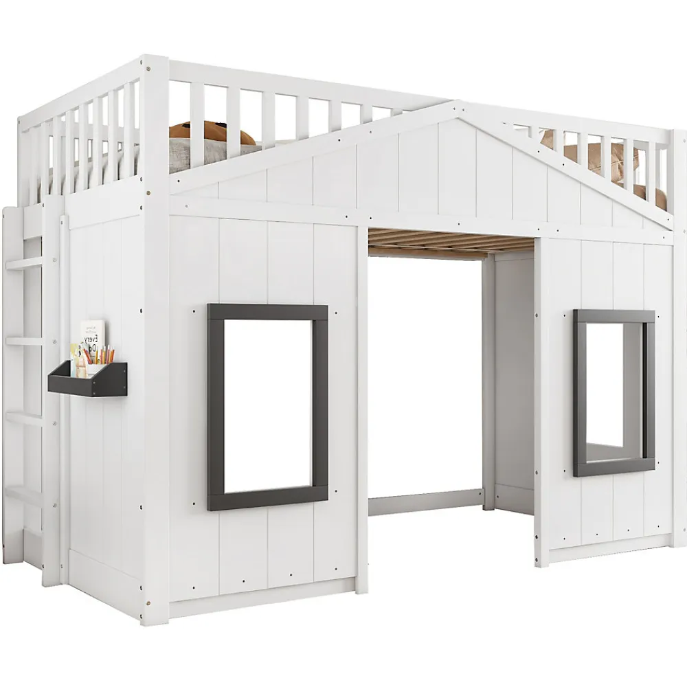 Lit superposé 90x200 cm avec escalier intégré, cabane décorative et structure en pin/MDF, gain de place>Redom Online