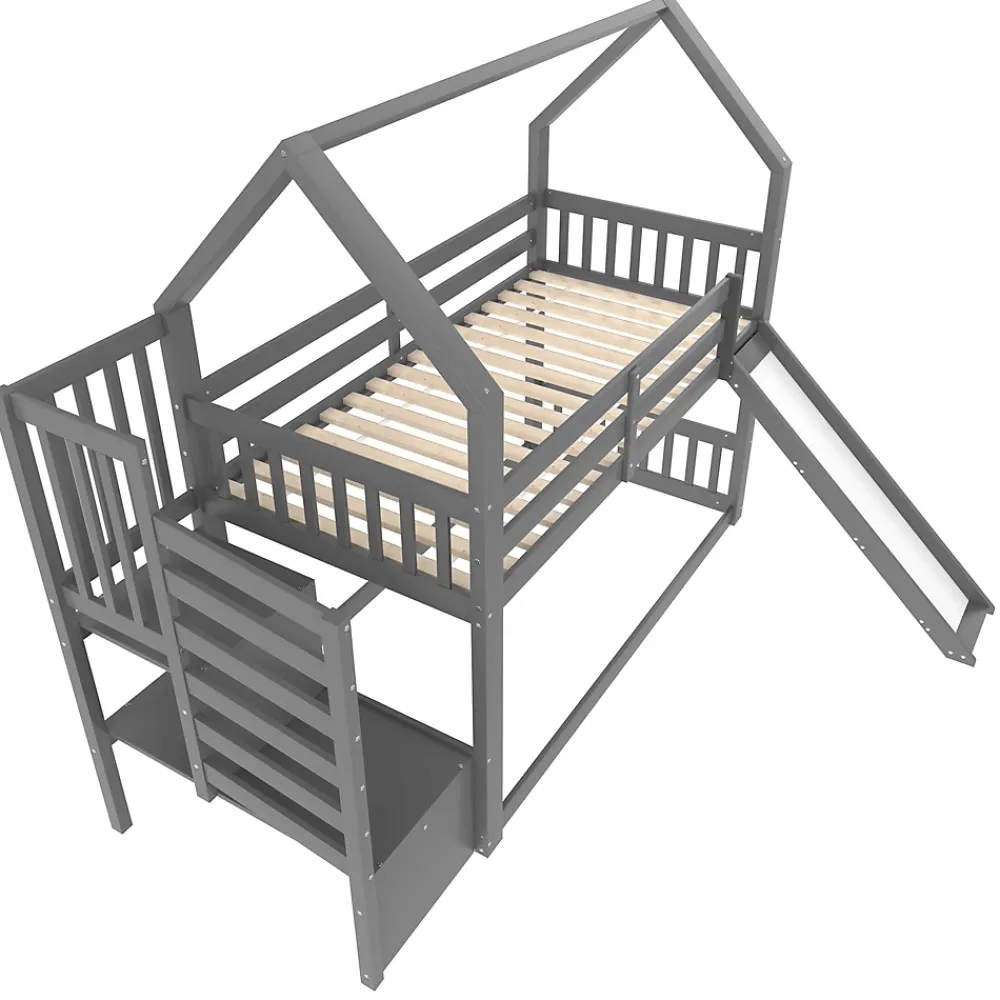 Redom Lit superposé 90x200 cm avec escalier de rangement et toboggan, structure en pin et MDF, chambre enfant*Enfant Lit Enfant
