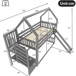 Redom Lit superposé 90x200 cm avec escalier de rangement et toboggan, structure en pin et MDF, chambre enfant*Enfant Lit Enfant