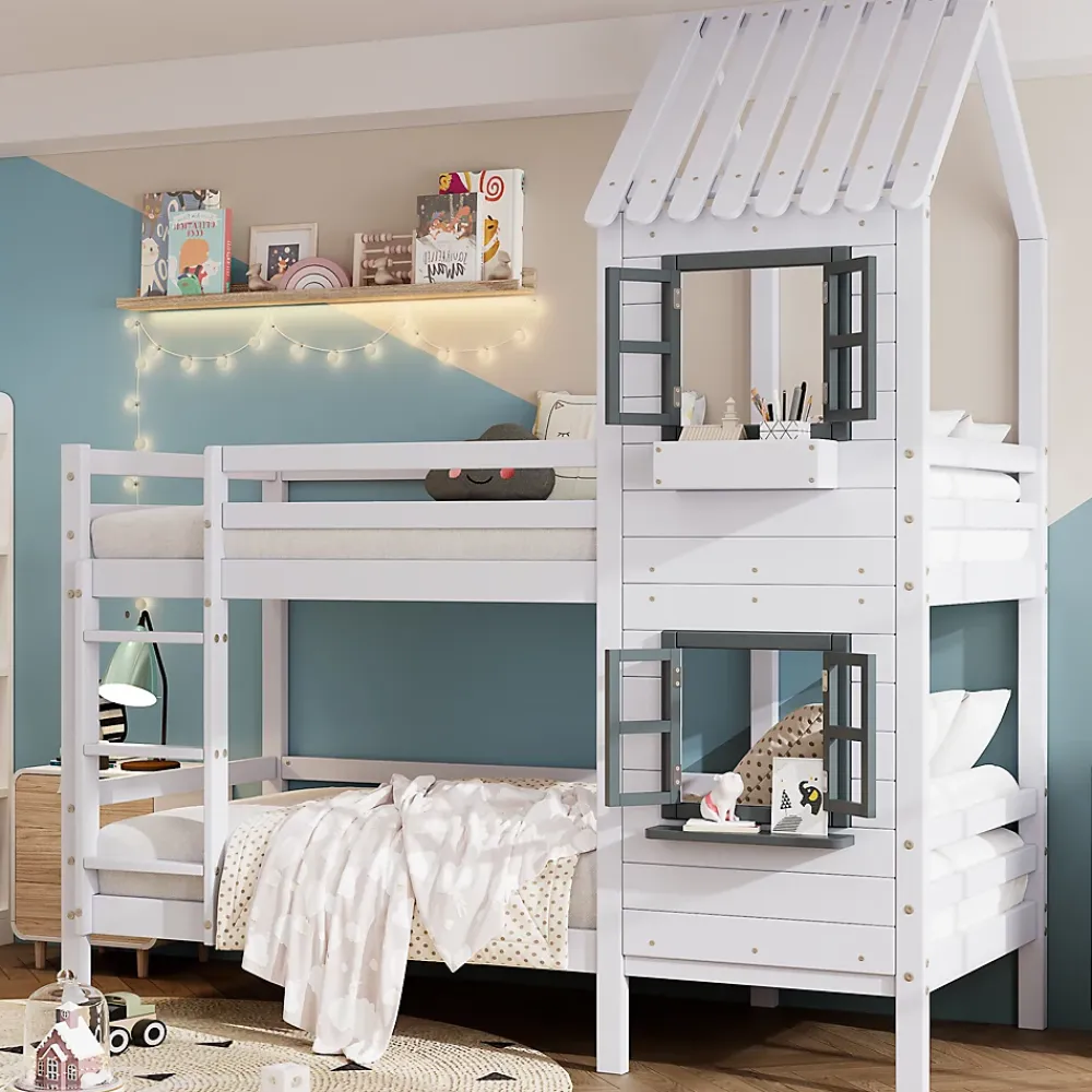 Redom Lit superposé 90x200 cm avec fenêtres et échelle à main courante, structure en pin massif et MDF*Enfant Lit Enfant