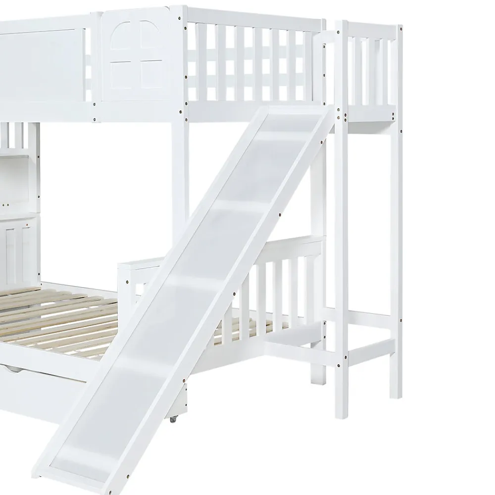 Lit superposé 90x200 cm, avec fenêtre, toboggan, étagères, 4 rangements, cadre bois>Fortuna lai Hot