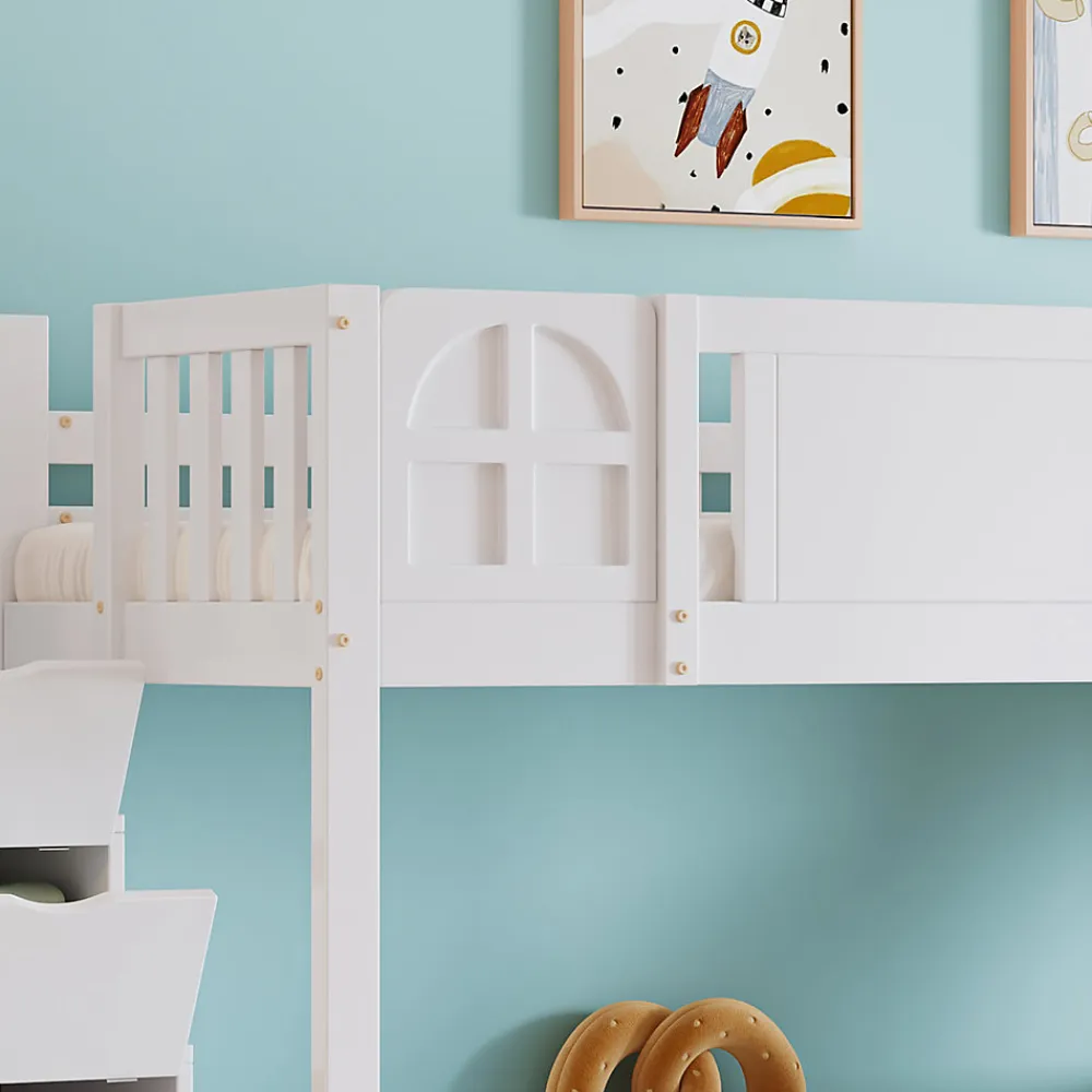 Lit superposé 90x200 cm, avec fenêtre, toboggan, étagères, 4 rangements, cadre bois>Fortuna lai Hot