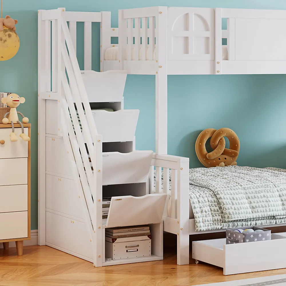 Lit superposé 90x200 cm, avec fenêtre, toboggan, étagères, 4 rangements, cadre bois>Fortuna lai Hot