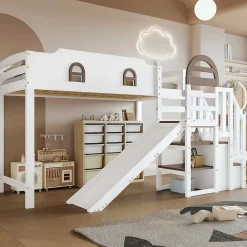 Fortuna lai Lit superposé 90x200 cm, avec fenêtre, toboggan, 2 rangements dans l'échelle, blanc,marron*Enfant Lit Enfant