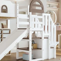Fortuna lai Lit superposé 90x200 cm, avec fenêtre, toboggan, 2 rangements dans l'échelle, blanc,marron*Enfant Lit Enfant