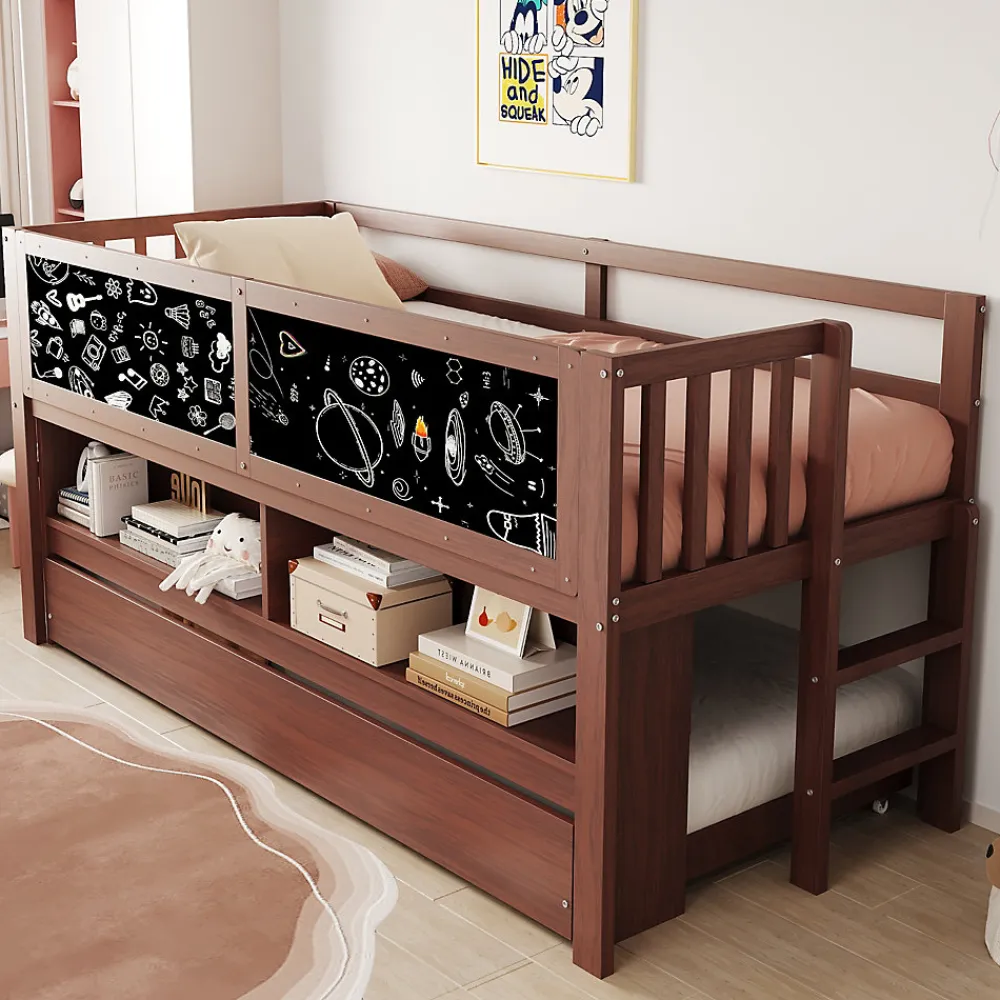 Lit superposé 90x200 cm avec lit gigogne, panneaux tableau à craie et rangement ouvert en bois massif brun>Redom Sale