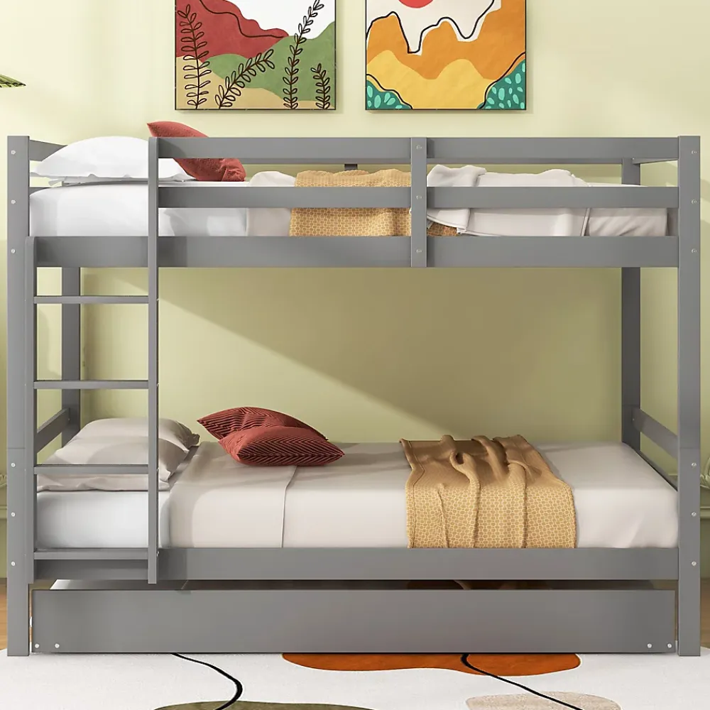 Redom Lit superposé 140x200 cm avec lit gigogne et escalier intégré, structure pin/MDF grise*Enfant Lit Enfant