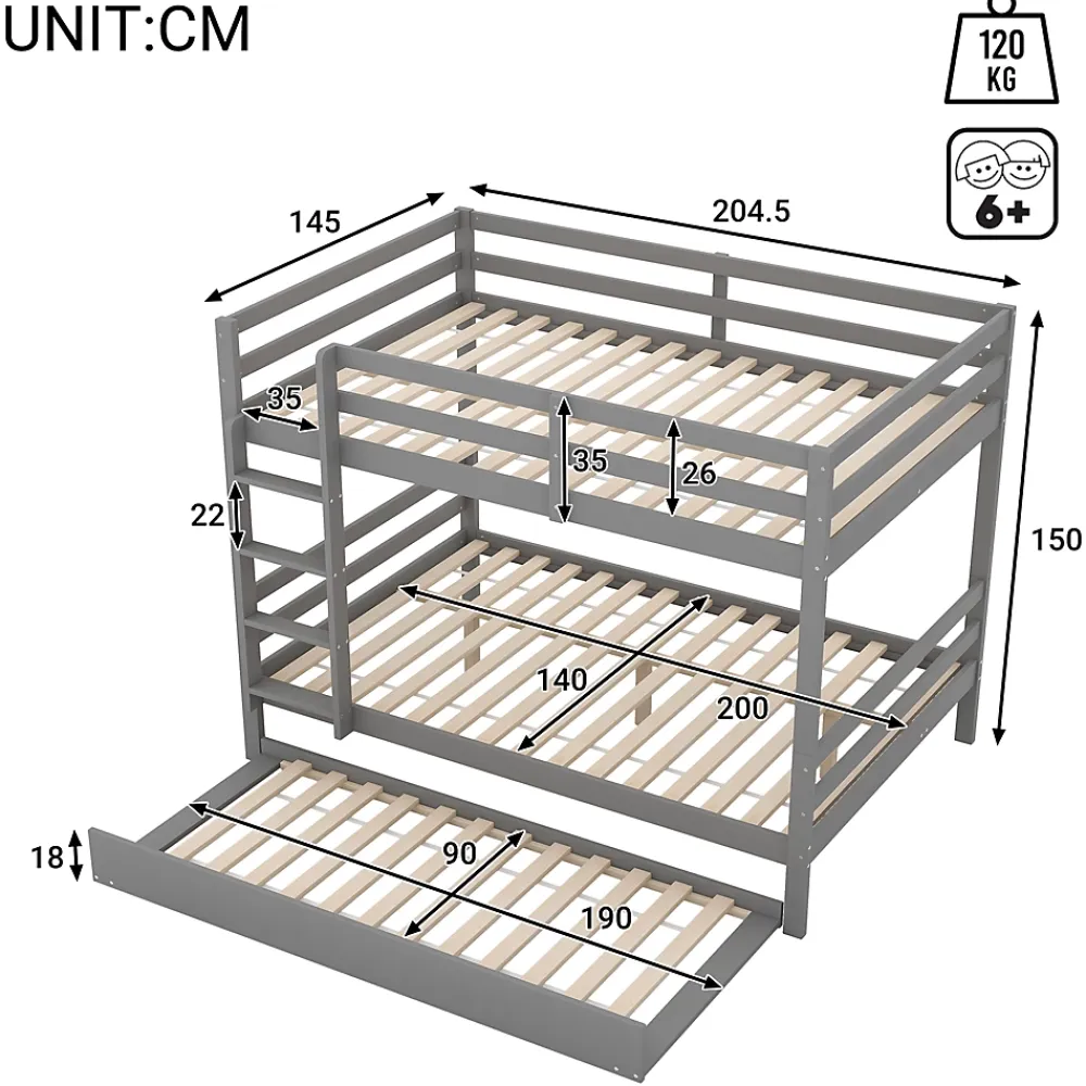 Redom Lit superposé 140x200 cm avec lit gigogne et escalier intégré, structure pin/MDF grise*Enfant Lit Enfant