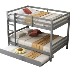Redom Lit superposé 140x200 cm avec lit gigogne et escalier intégré, structure pin/MDF grise*Enfant Lit Enfant
