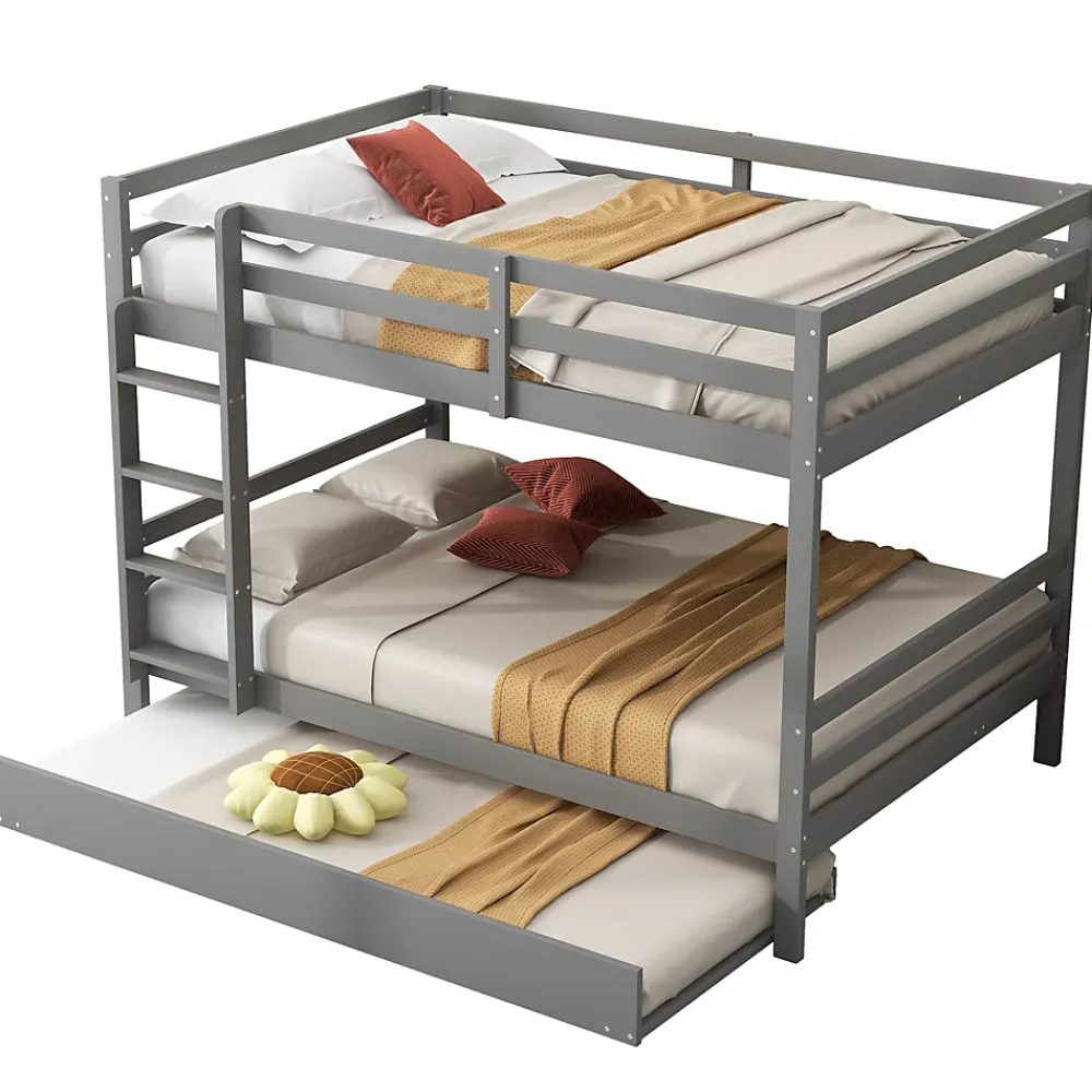 Redom Lit superposé 140x200 cm avec lit gigogne et escalier intégré, structure pin/MDF grise*Enfant Lit Enfant