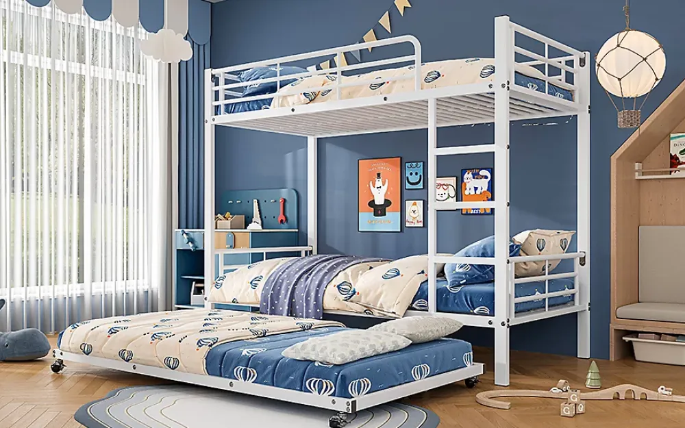 Redom Lit superposé 90x200 cm avec lit gigogne et échelle intégrée, structure métal blanche, gain de place*Enfant Lit Enfant