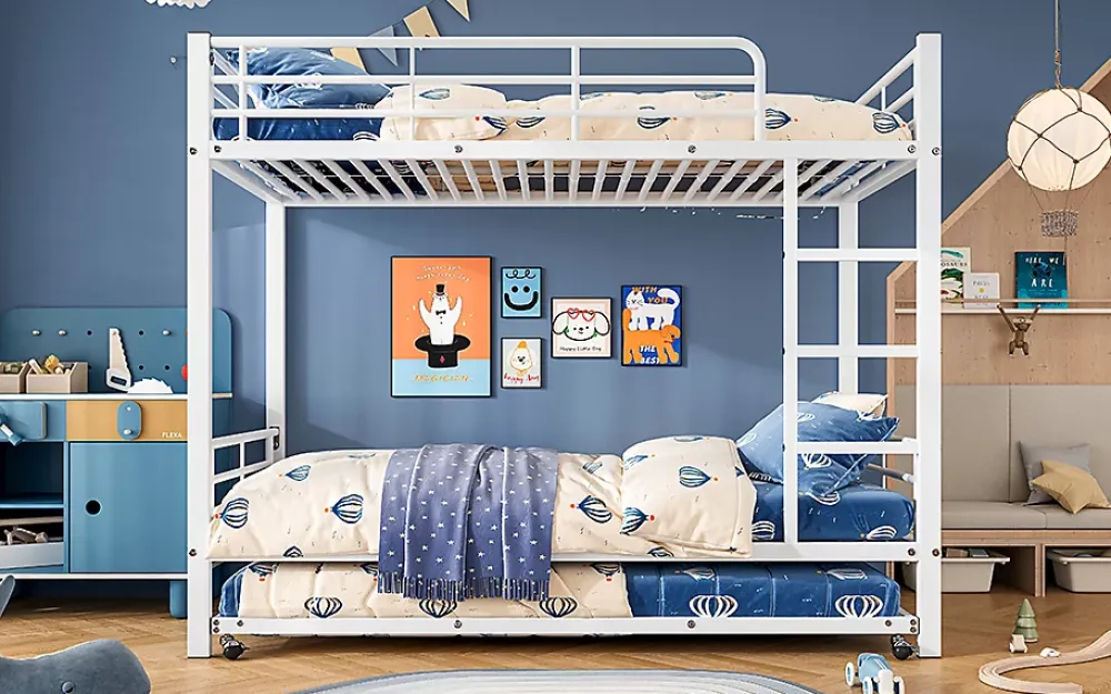 Redom Lit superposé 90x200 cm avec lit gigogne et échelle intégrée, structure métal blanche, gain de place*Enfant Lit Enfant
