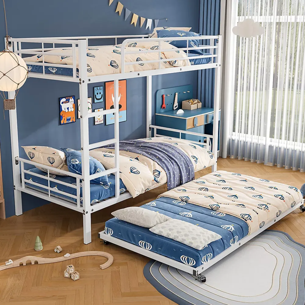 Redom Lit superposé 90x200 cm avec lit gigogne et échelle intégrée, structure métal blanche, gain de place*Enfant Lit Enfant