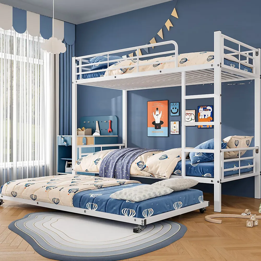 Redom Lit superposé 90x200 cm avec lit gigogne et échelle intégrée, structure métal blanche, gain de place*Enfant Lit Enfant