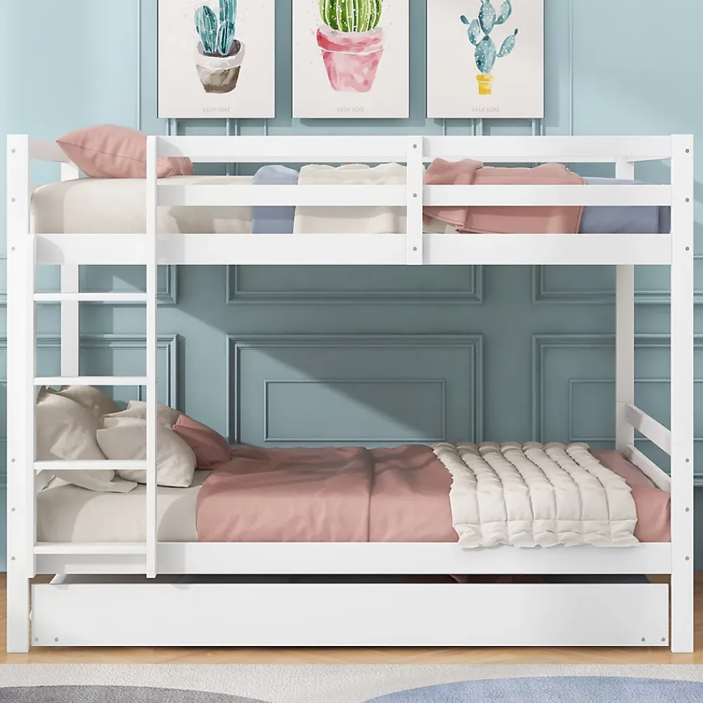 Redom Lit superposé 140x200 cm avec lit gigogne et échelle intégrée, structure en pin et MDF, finition blanche et garde-corps hauts*Enfant Lit Enfant