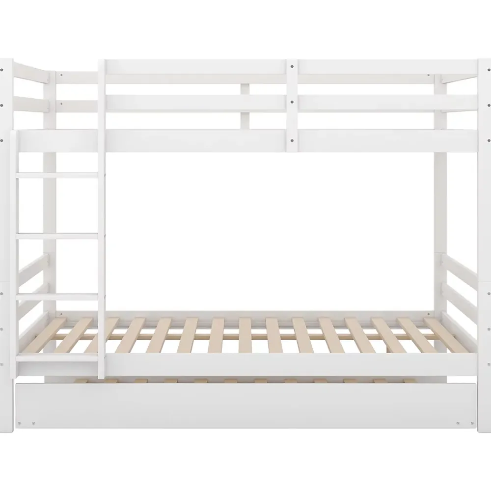 Redom Lit superposé 140x200 cm avec lit gigogne et échelle intégrée, structure en pin et MDF, finition blanche et garde-corps hauts*Enfant Lit Enfant