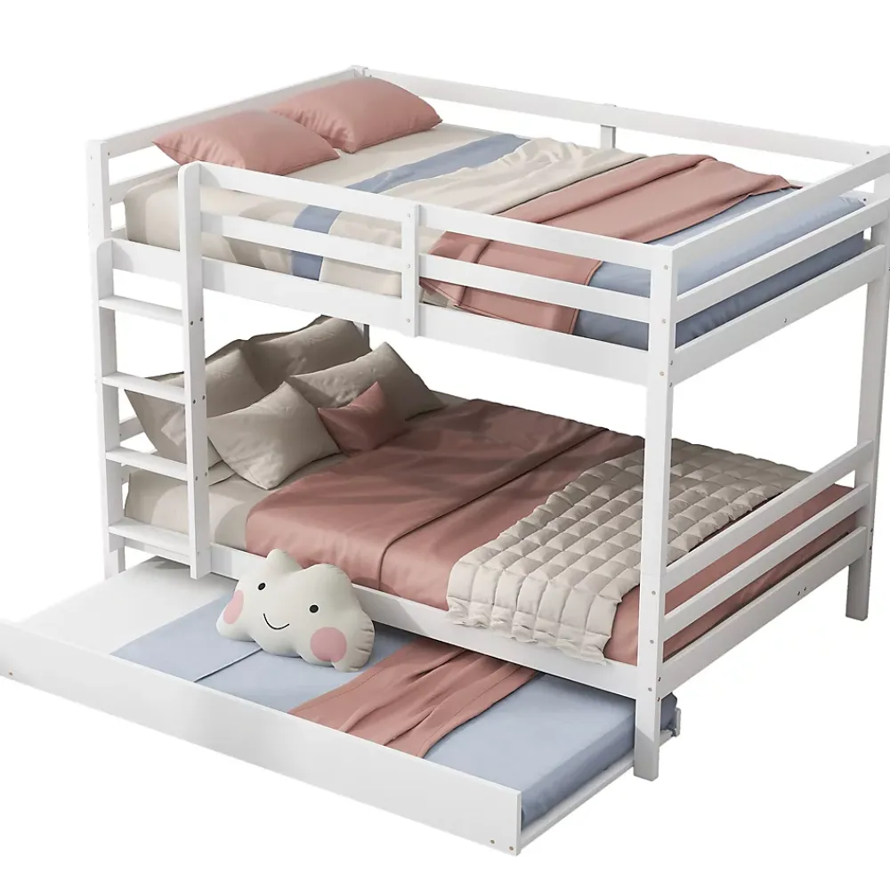 Redom Lit superposé 140x200 cm avec lit gigogne et échelle intégrée, structure en pin et MDF, finition blanche et garde-corps hauts*Enfant Lit Enfant