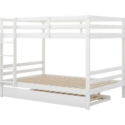 Redom Lit superposé 140x200 cm avec lit gigogne et échelle intégrée, structure en pin et MDF, finition blanche et garde-corps hauts*Enfant Lit Enfant