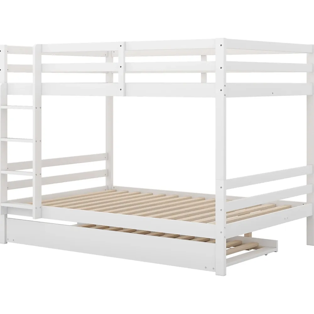 Redom Lit superposé 140x200 cm avec lit gigogne et échelle intégrée, structure en pin et MDF, finition blanche et garde-corps hauts*Enfant Lit Enfant
