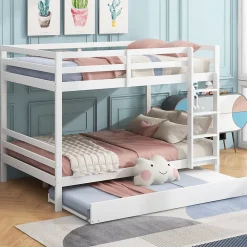 Redom Lit superposé 140x200 cm avec lit gigogne et échelle intégrée, structure en pin et MDF, finition blanche et garde-corps hauts*Enfant Lit Enfant