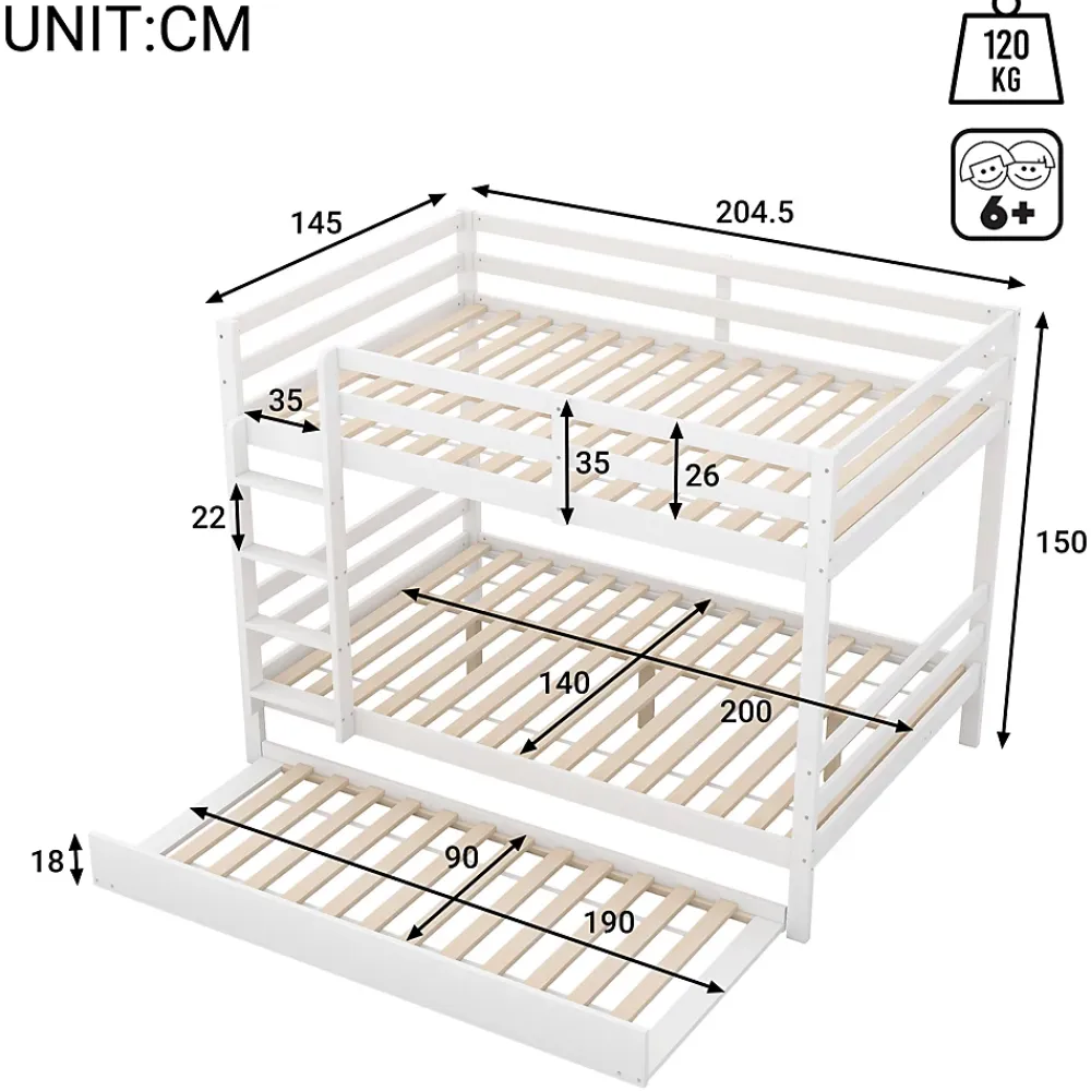 Redom Lit superposé 140x200 cm avec lit gigogne et échelle intégrée, structure en pin et MDF, finition blanche et garde-corps hauts*Enfant Lit Enfant