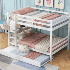 Redom Lit superposé 140x200 cm avec lit gigogne et échelle intégrée, structure en pin et MDF, finition blanche et garde-corps hauts*Enfant Lit Enfant