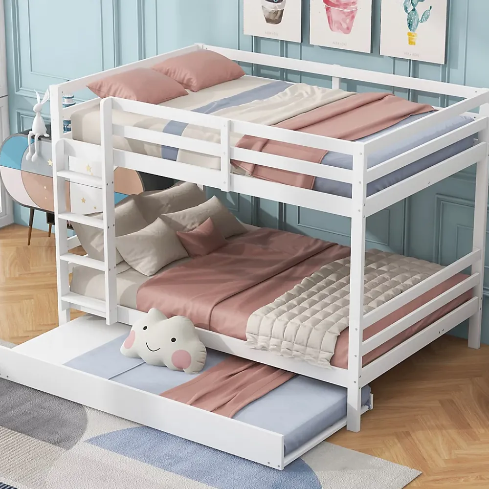 Redom Lit superposé 140x200 cm avec lit gigogne et échelle intégrée, structure en pin et MDF, finition blanche et garde-corps hauts*Enfant Lit Enfant