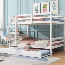 Redom Lit superposé 140x200 cm avec lit gigogne et échelle intégrée, structure en pin et MDF, finition blanche et garde-corps hauts*Enfant Lit Enfant