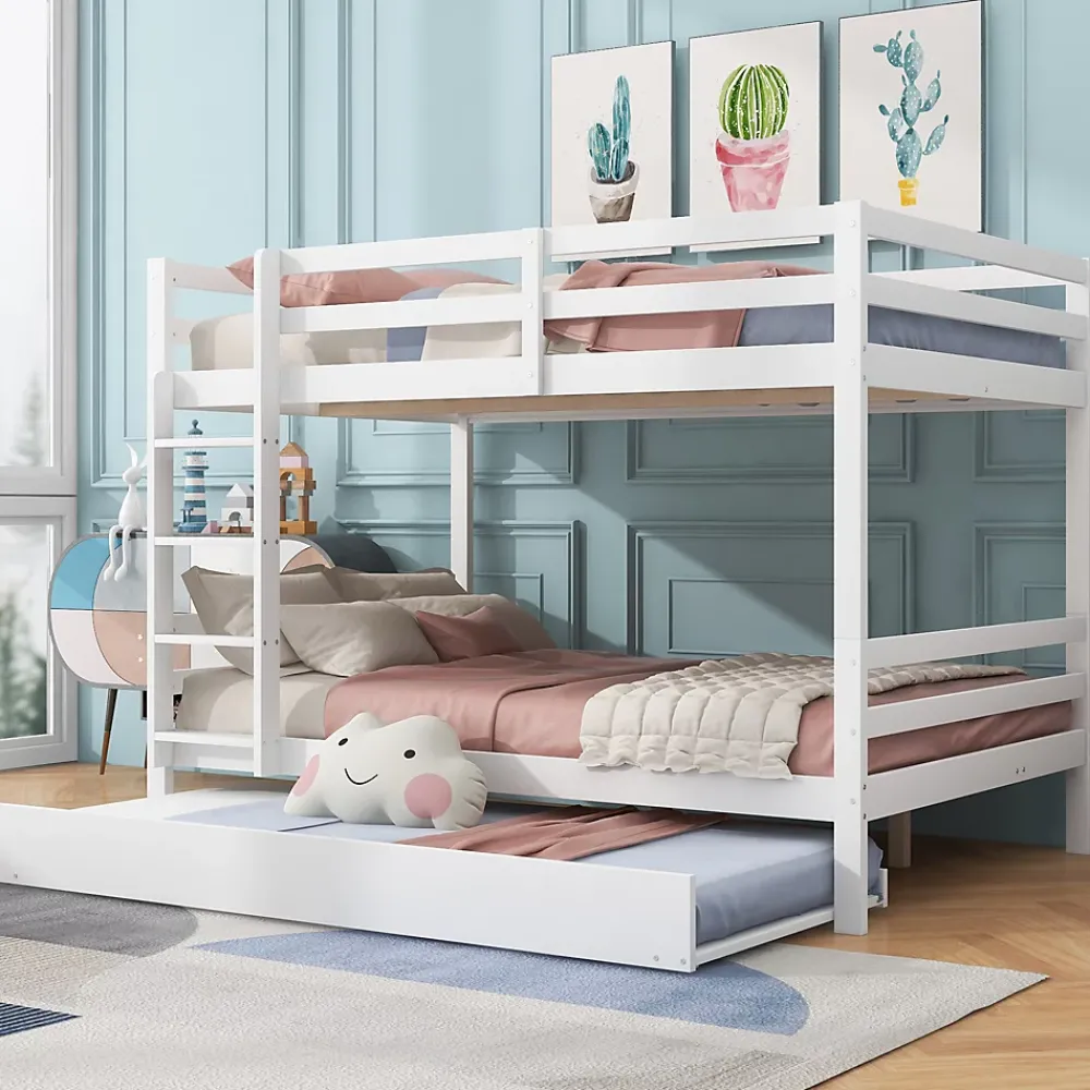 Redom Lit superposé 140x200 cm avec lit gigogne et échelle intégrée, structure en pin et MDF, finition blanche et garde-corps hauts*Enfant Lit Enfant