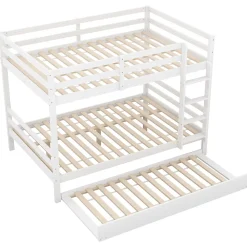 Redom Lit superposé 140x200 cm avec lit gigogne et échelle intégrée, structure en pin et MDF, finition blanche et garde-corps hauts*Enfant Lit Enfant