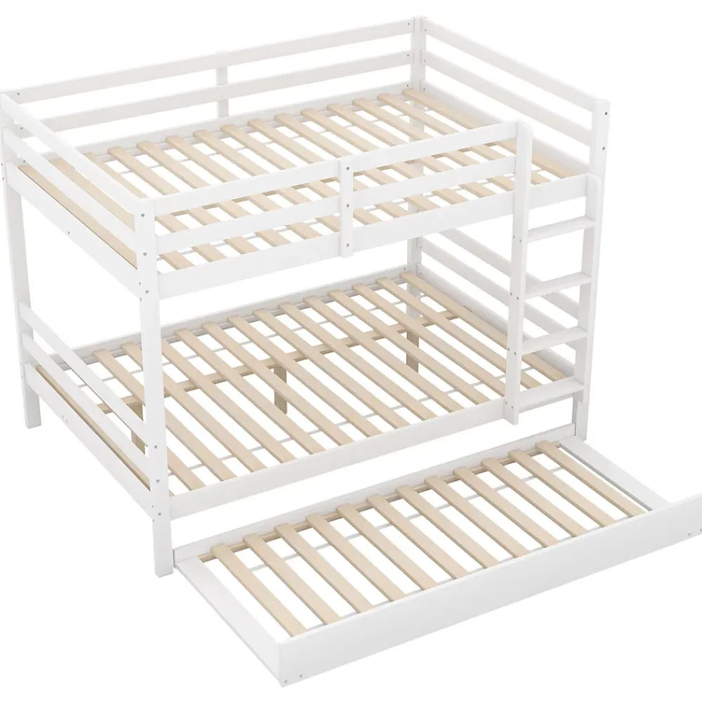 Redom Lit superposé 140x200 cm avec lit gigogne et échelle intégrée, structure en pin et MDF, finition blanche et garde-corps hauts*Enfant Lit Enfant
