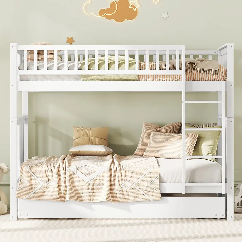 Redom Lit superposé 90x200 cm avec lit gigogne et échelle intégrée en pin blanc, modulable, gain de place*Enfant Lit Enfant