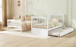 Redom Lit superposé 90x200 cm avec lit gigogne et échelle intégrée en pin blanc, modulable, gain de place*Enfant Lit Enfant